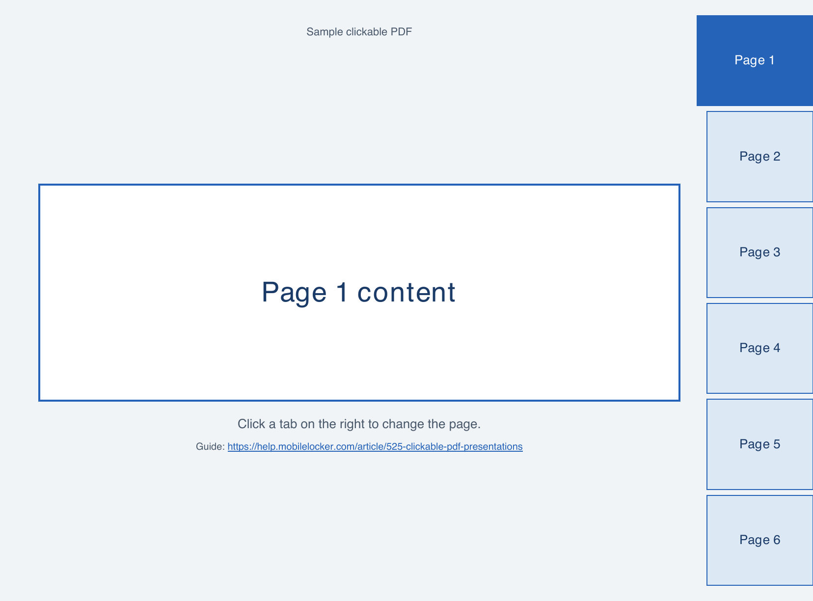 Sample PDF page with a content box, six tabs along the right, and a link to this guide