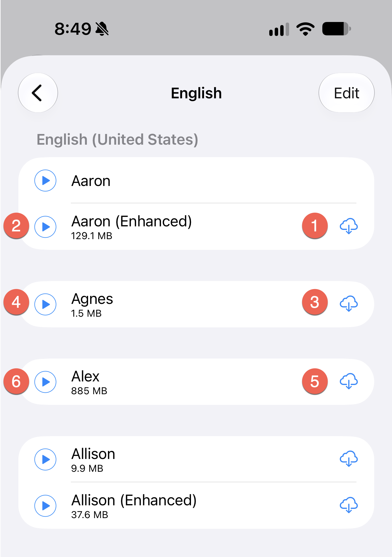 English voice list with cloud download icons, including Enhanced and Premium voices