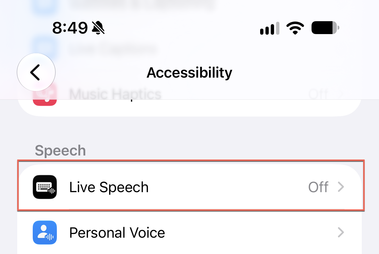 Accessibility settings with Live Speech under Speech