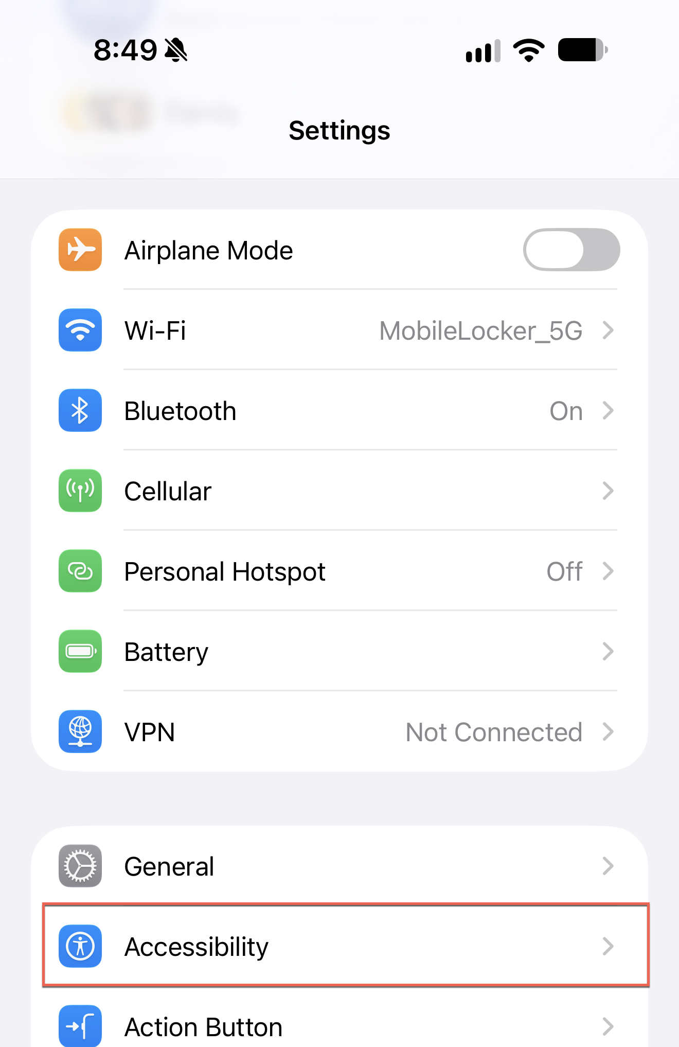 iPhone Settings with Accessibility visible