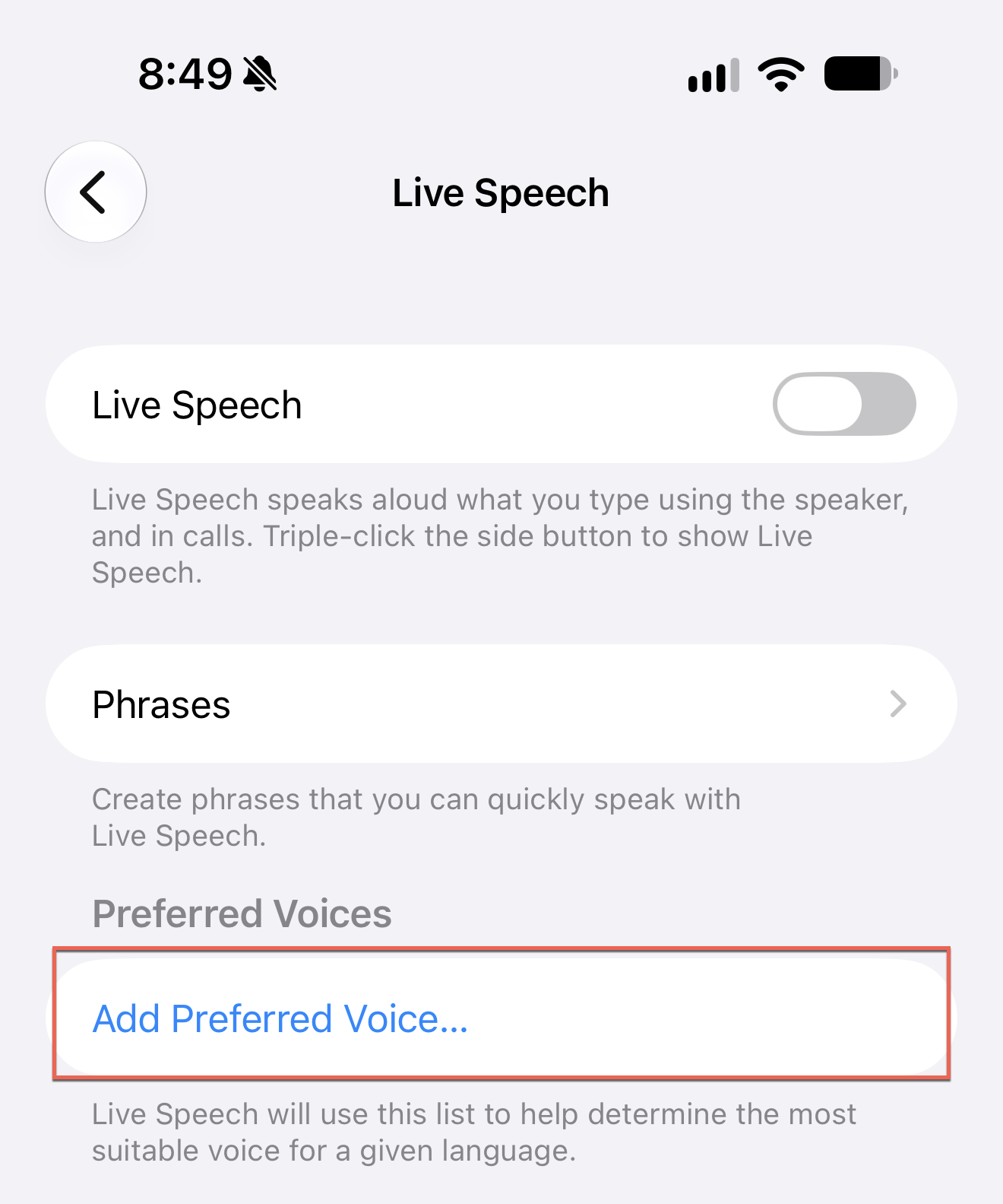 Live Speech settings with Add Preferred Voice