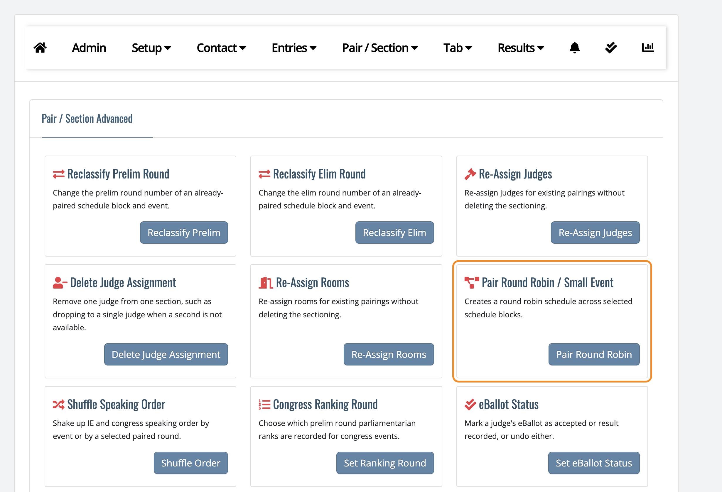 Pair/Section Advanced page with the Pair Round Robin / Small Event tool highlighted