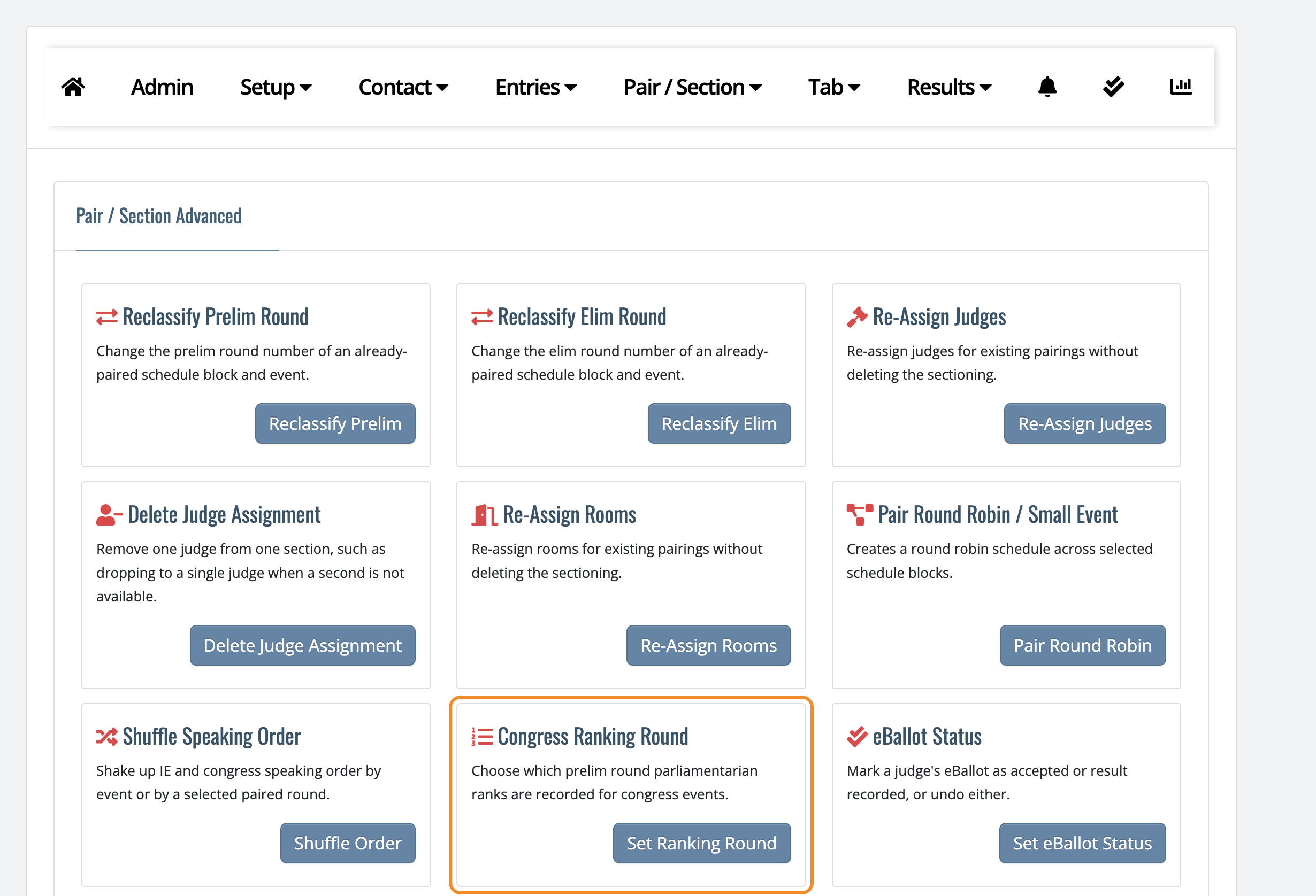Pair/Section Advanced page with the Congress Ranking Round tool highlighted