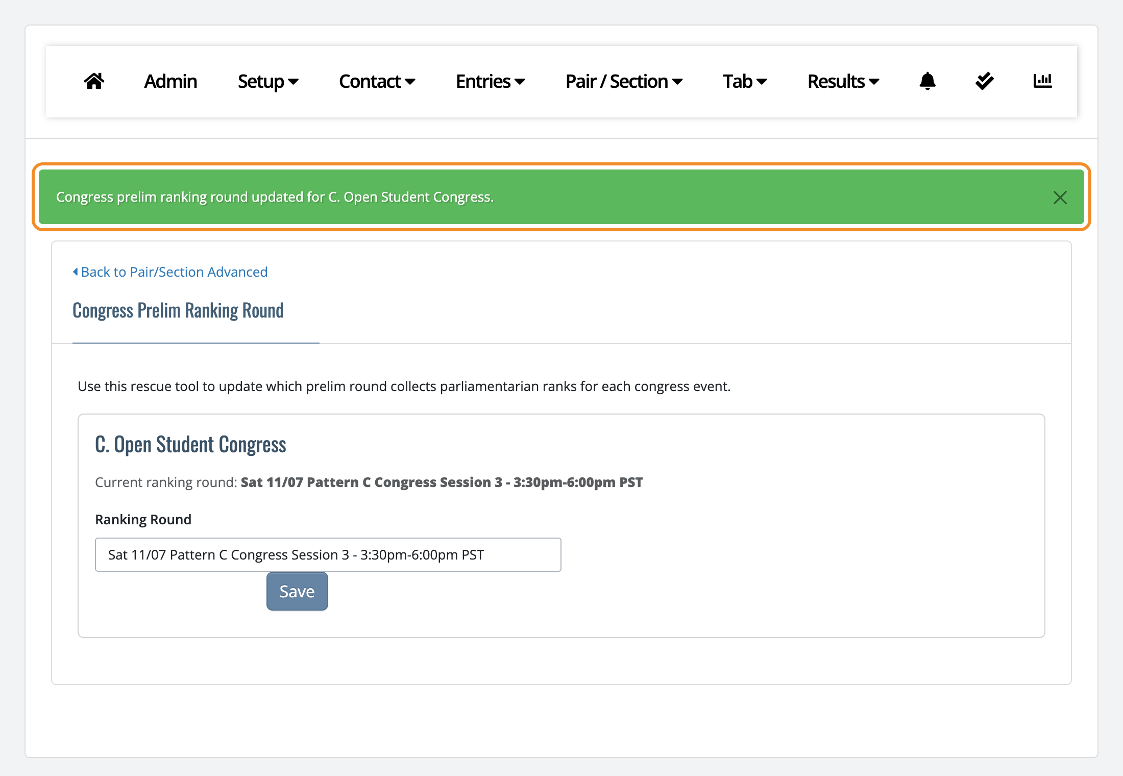 Green message confirming the ranking round was updated for Open Student Congress, with Current ranking round now showing Congress Session 3