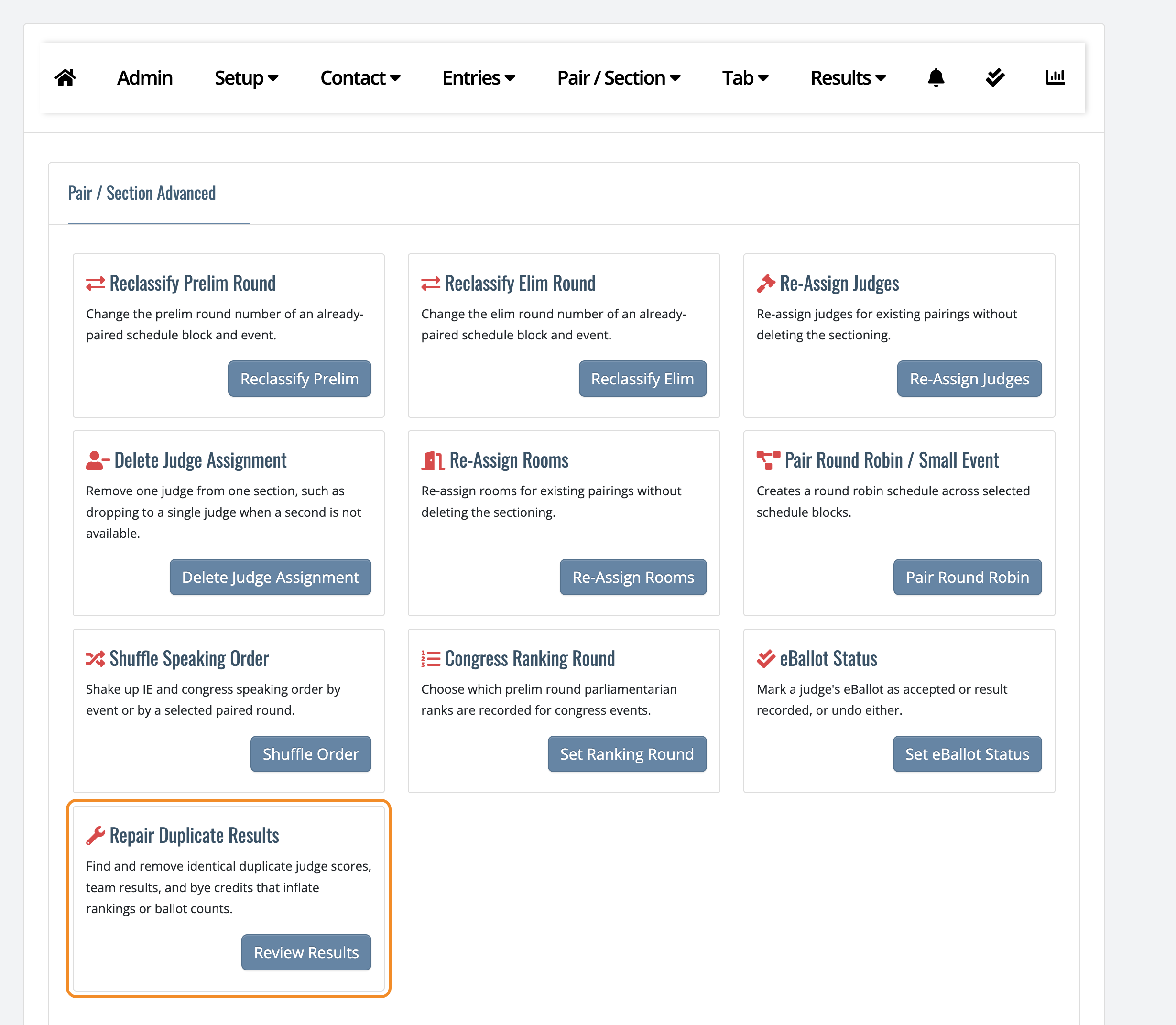 Pair/Section Advanced page with the Repair Duplicate Results tool highlighted