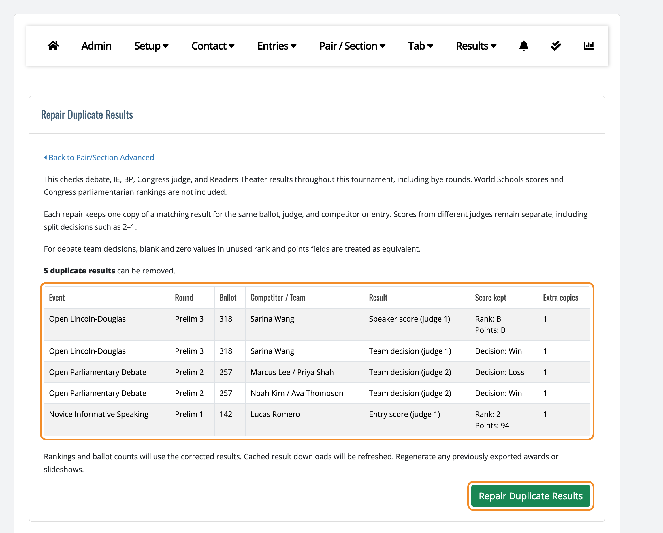 Repair Duplicate Results page listing 5 duplicate results, including Sarina Wang's Round 3 bye credit, with the table and the Repair Duplicate Results button highlighted