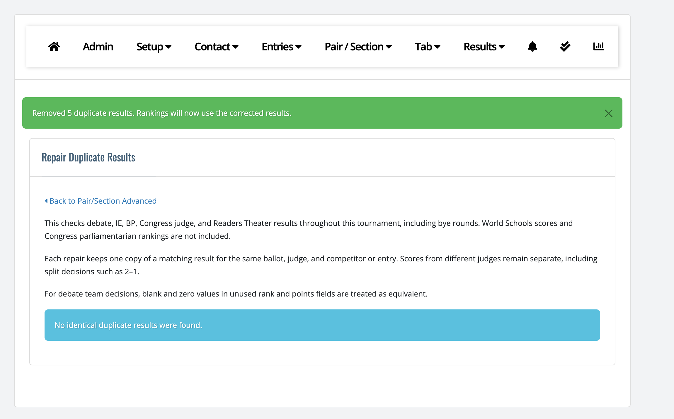 Green message saying 5 duplicate results were removed, with No identical duplicate results were found below it