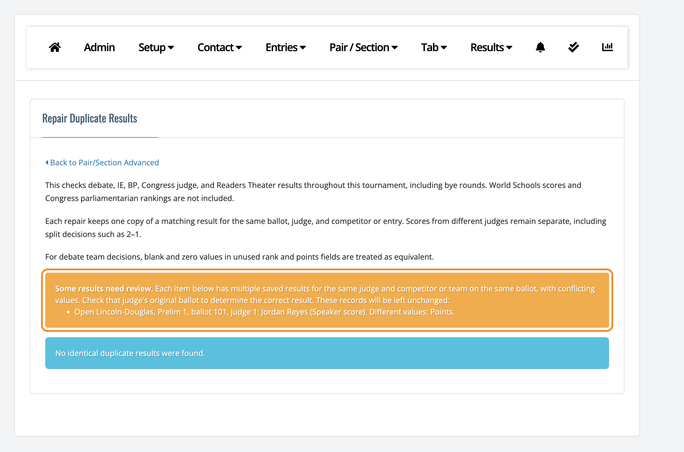 Some results need review box listing a speaker score from judge 1 that was saved twice with different points