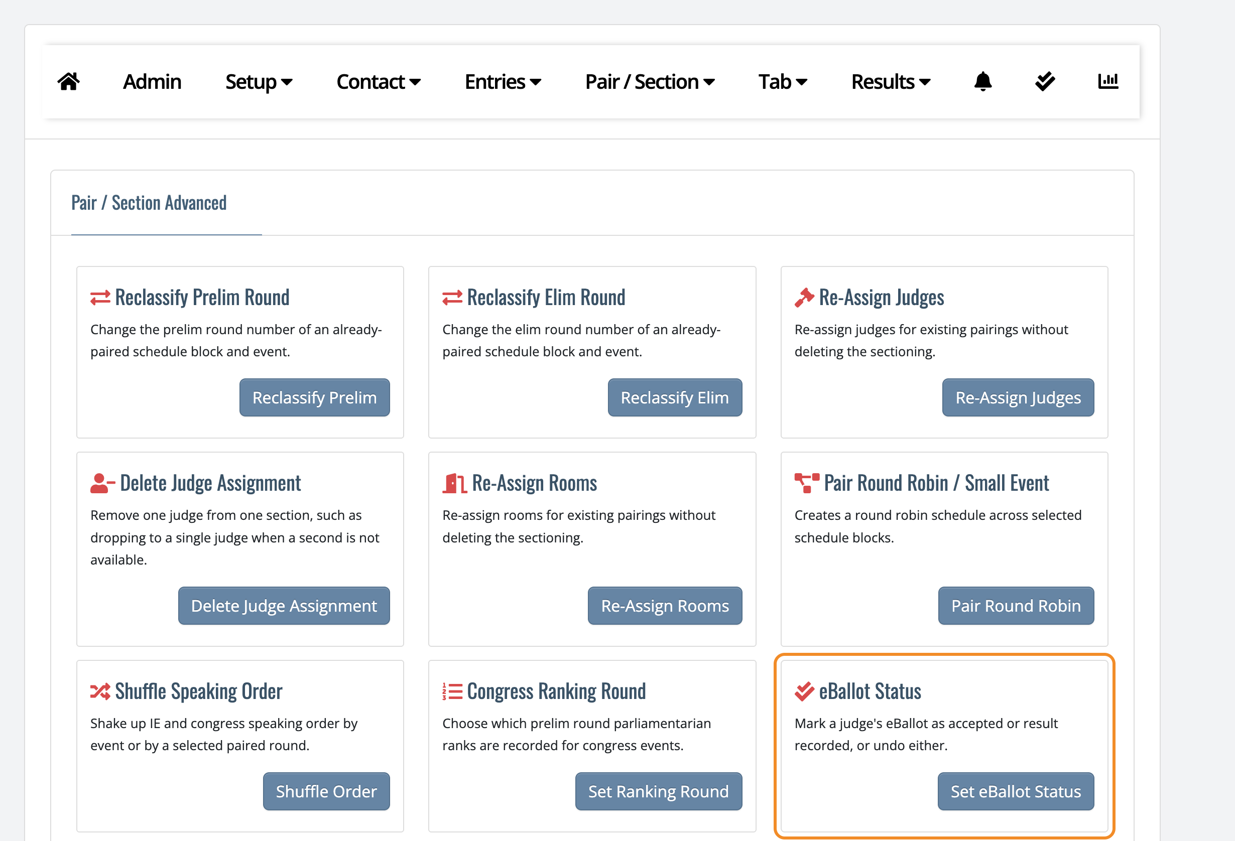 Pair/Section Advanced page with the eBallot Status tool highlighted