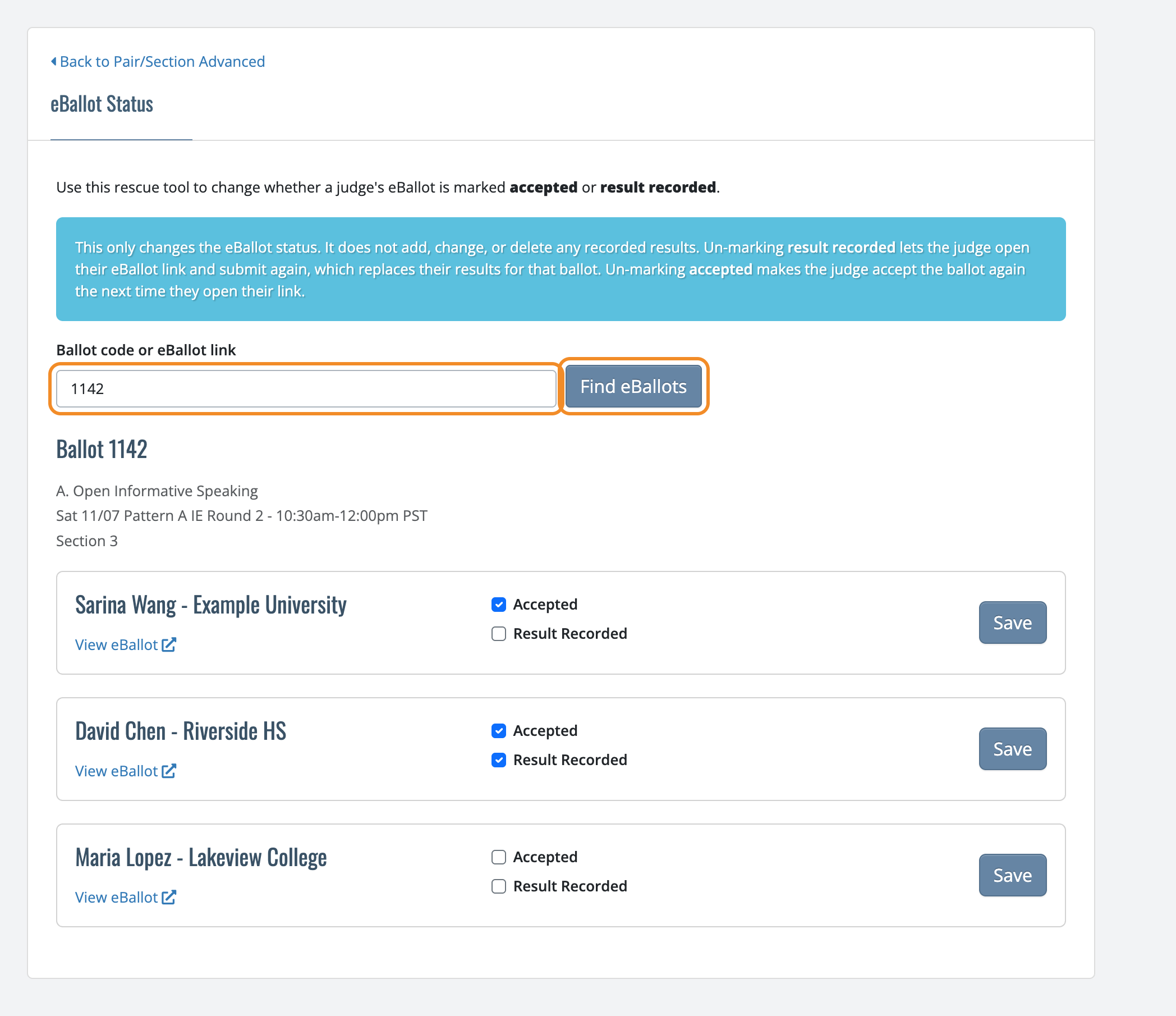 eBallot Status page with ballot code 1142 entered, showing three judges on an Informative Speaking panel and their Accepted and Result Recorded checkboxes