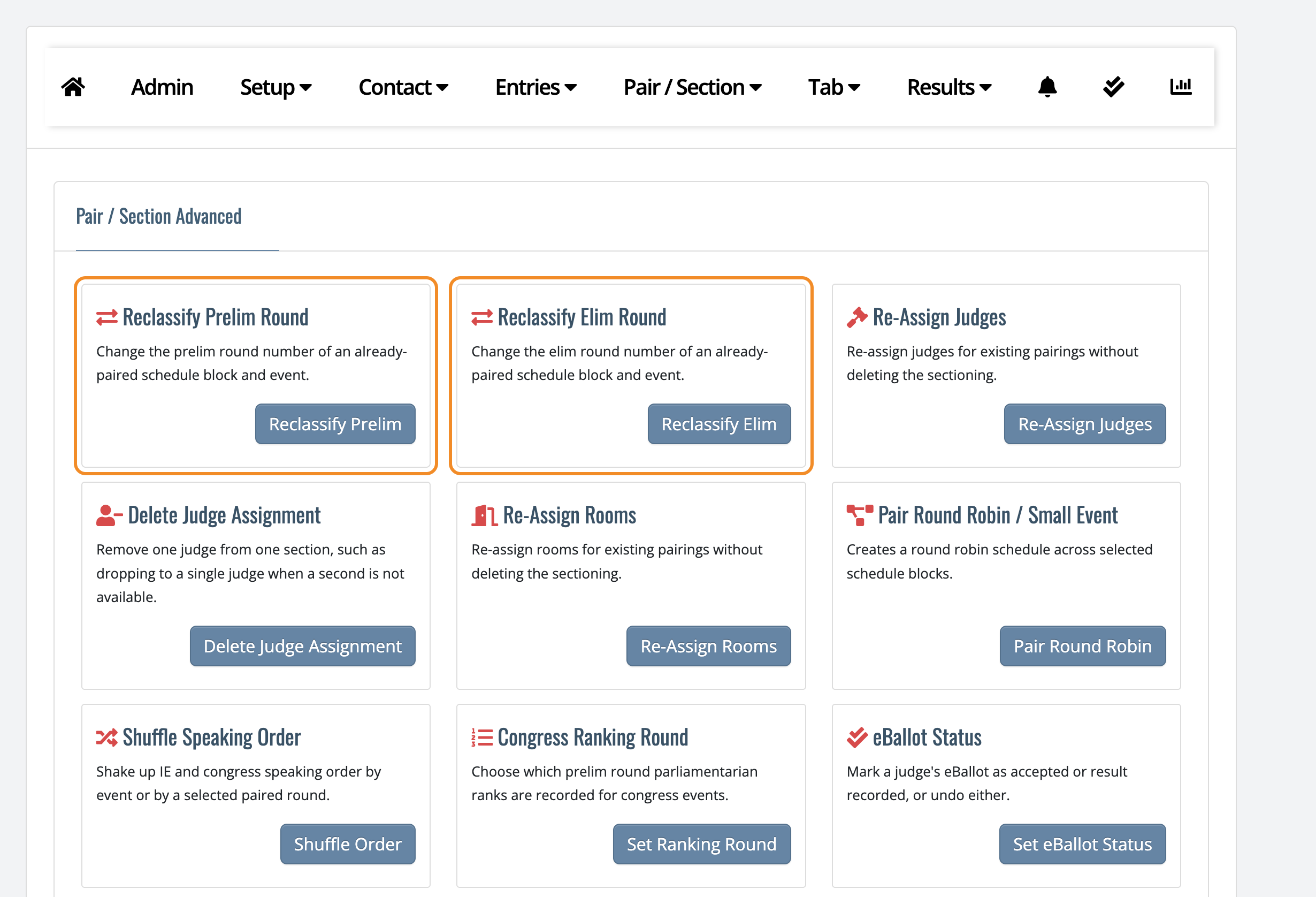 Pair/Section Advanced page with the Reclassify Prelim Round and Reclassify Elim Round tool highlighted