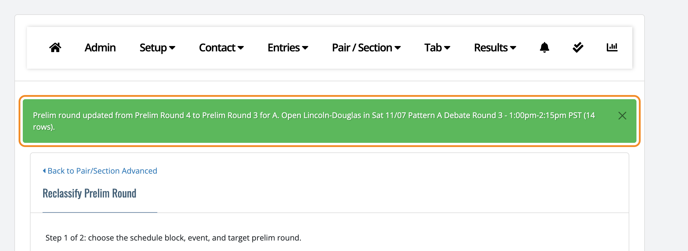 Green success message after changing Prelim Round 4 to Prelim Round 3