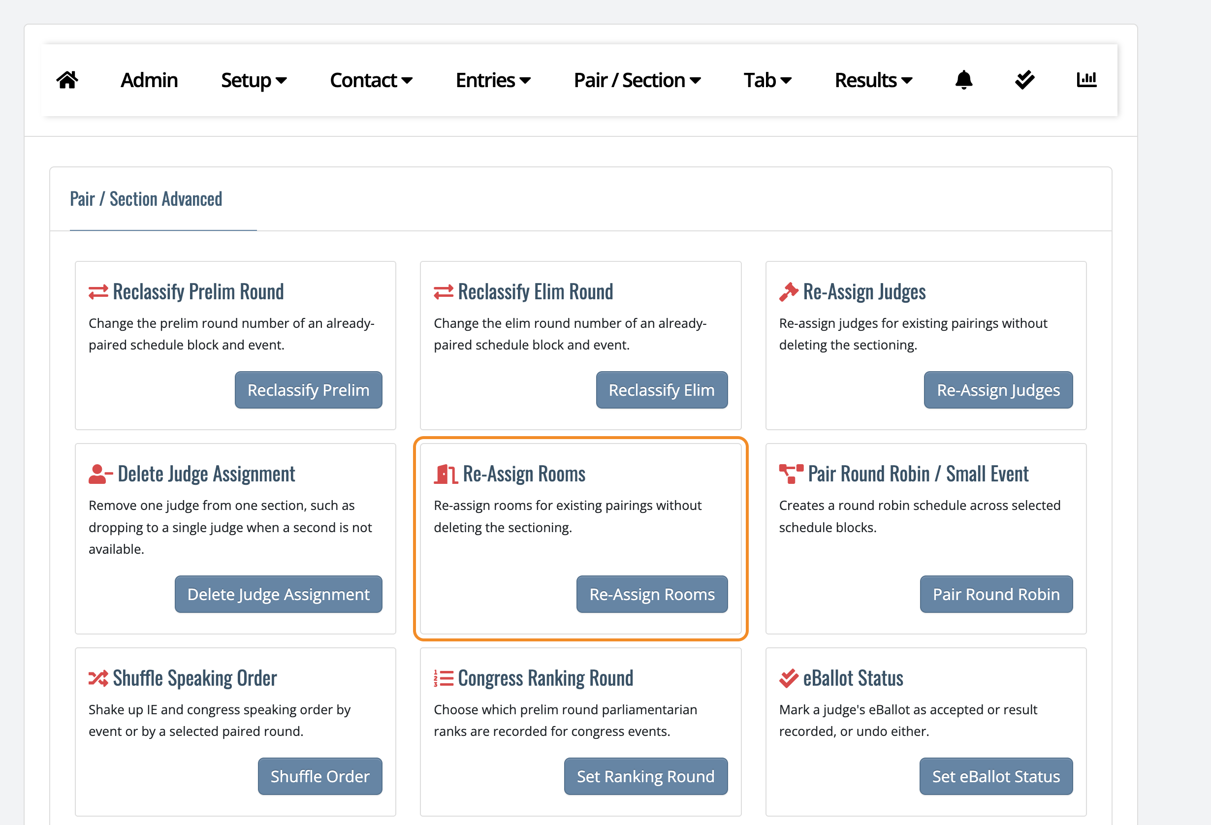 Pair/Section Advanced page with the Re-Assign Rooms tool highlighted