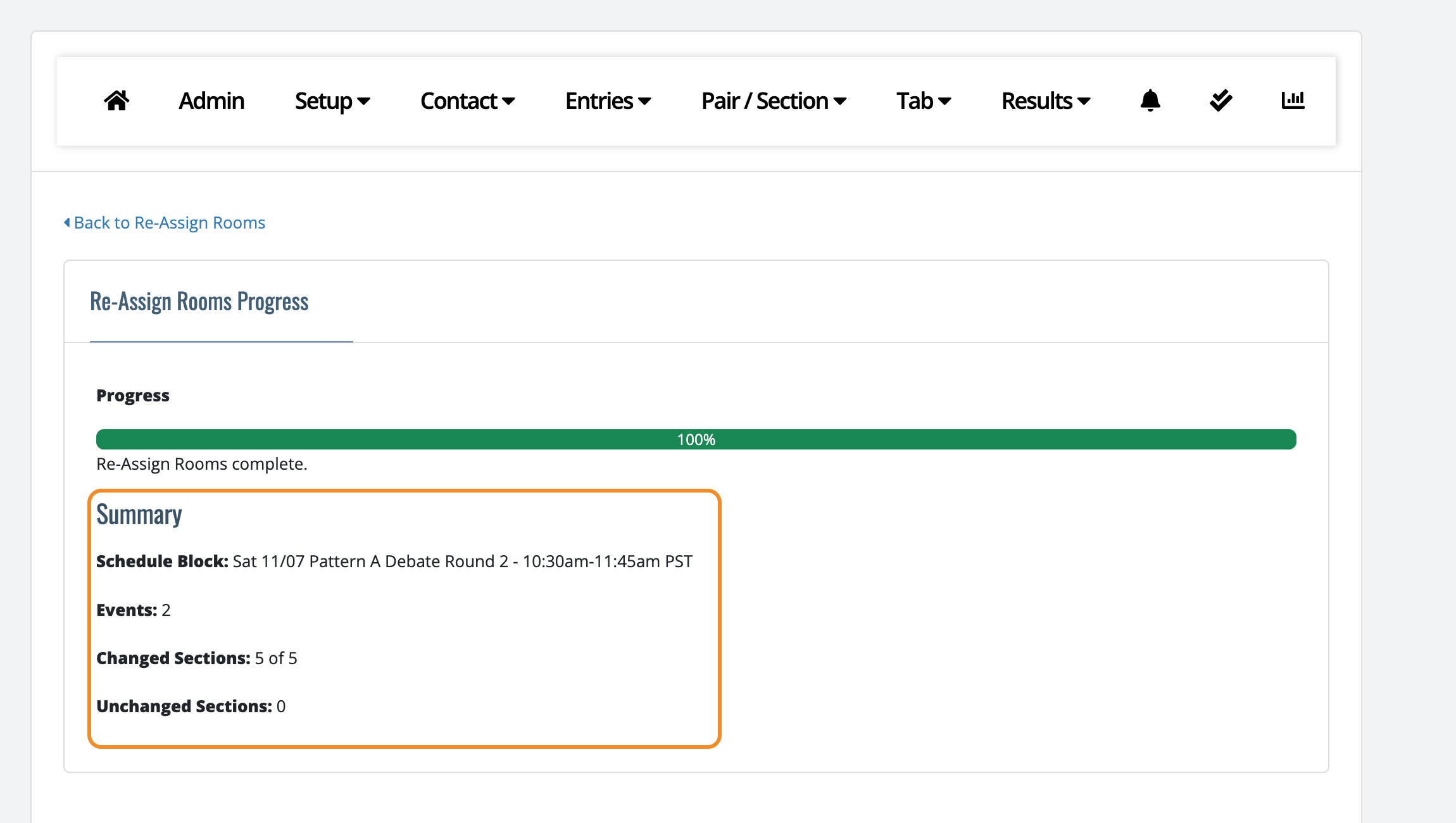 Re-Assign Rooms Progress page at 100% with a summary showing 5 of 5 sections changed