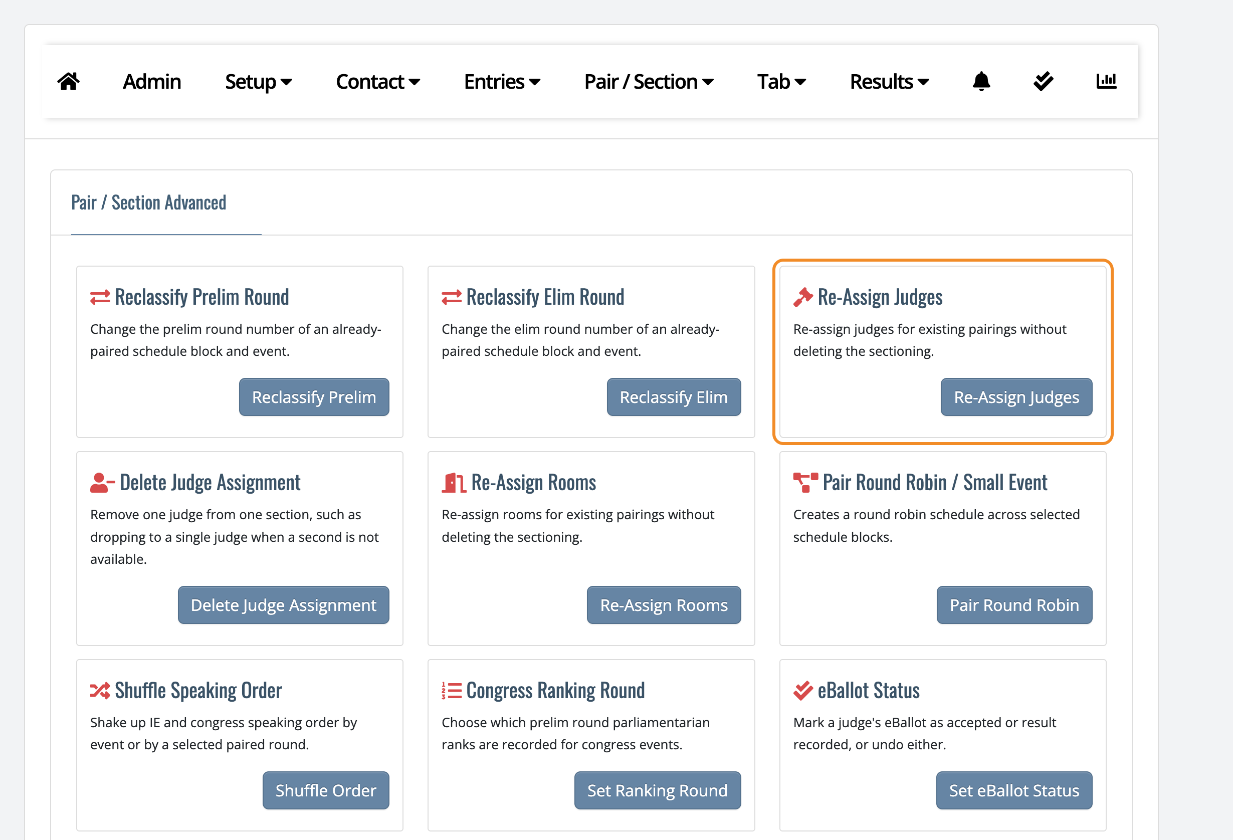 Pair/Section Advanced page with the Re-Assign Judges tool highlighted