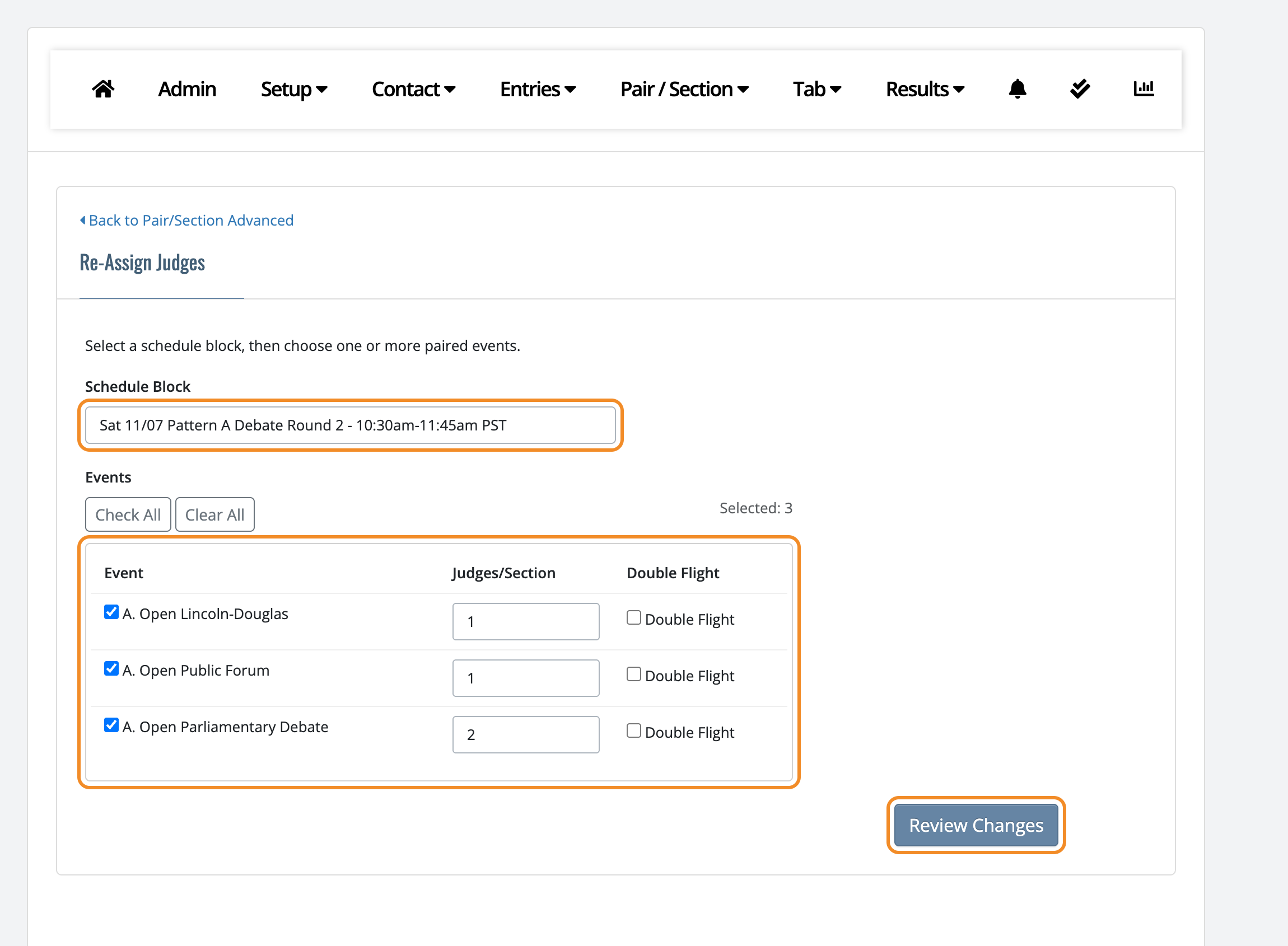Re-Assign Judges page with a schedule block selected and three debate events checked, showing the Judges/Section and Double Flight settings