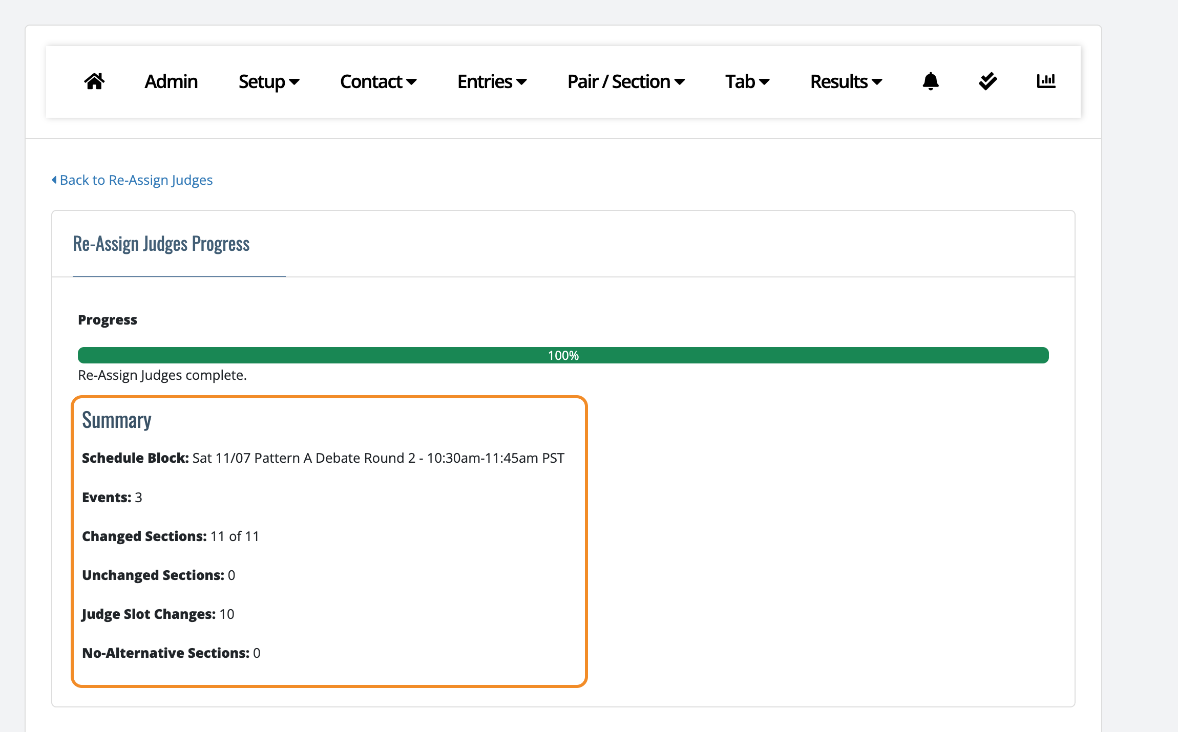 Re-Assign Judges Progress page at 100 percent with the summary of changed sections and judge slot changes