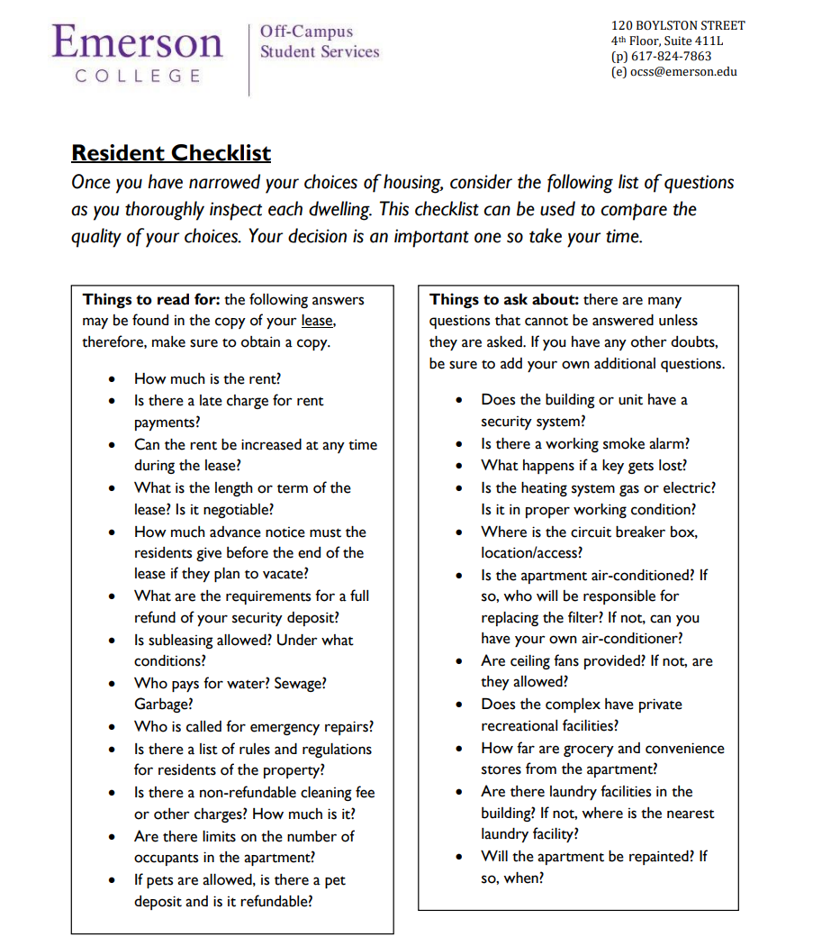 Resident Checklist PDF