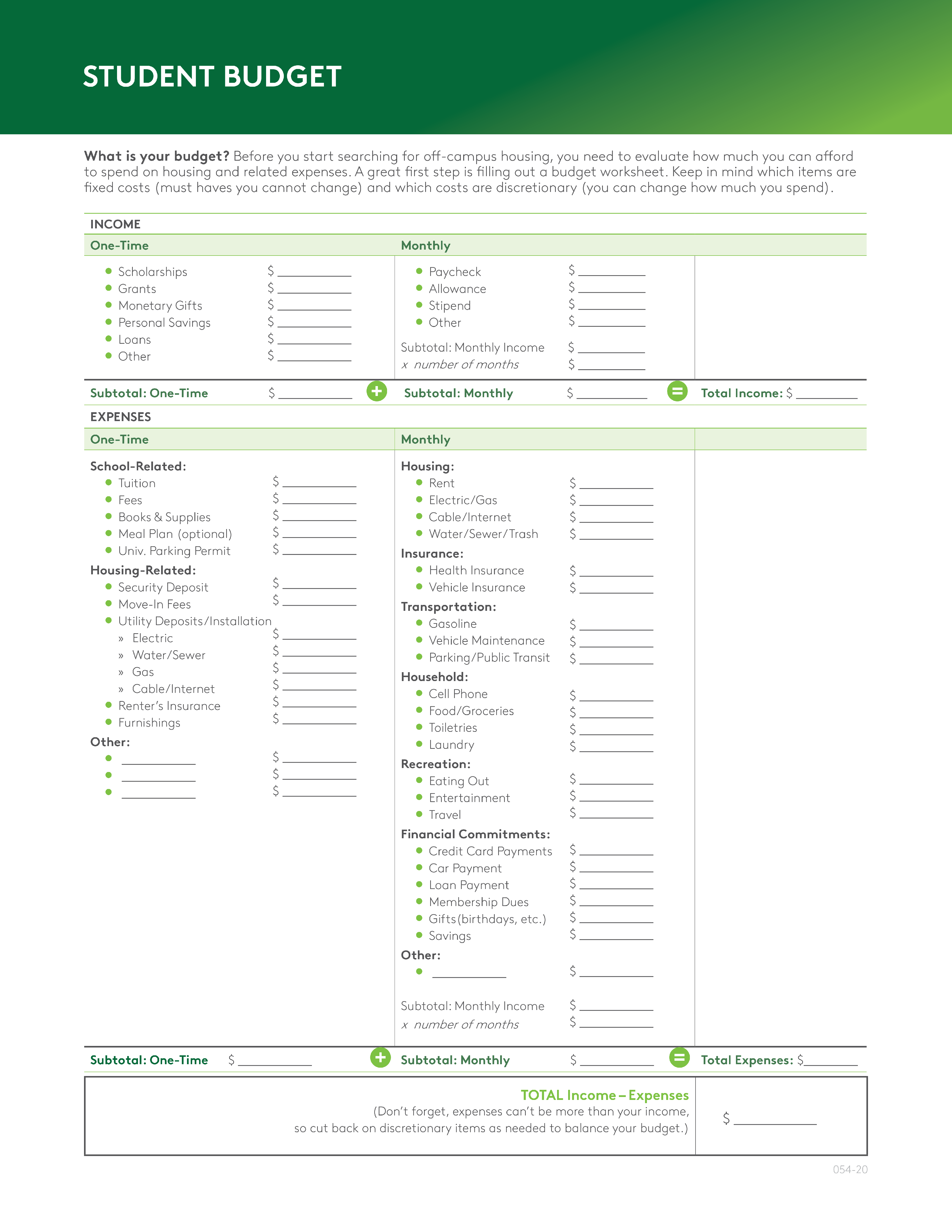 Student budget worksheet