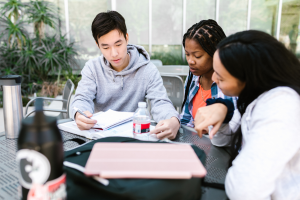 Student sit around a table 