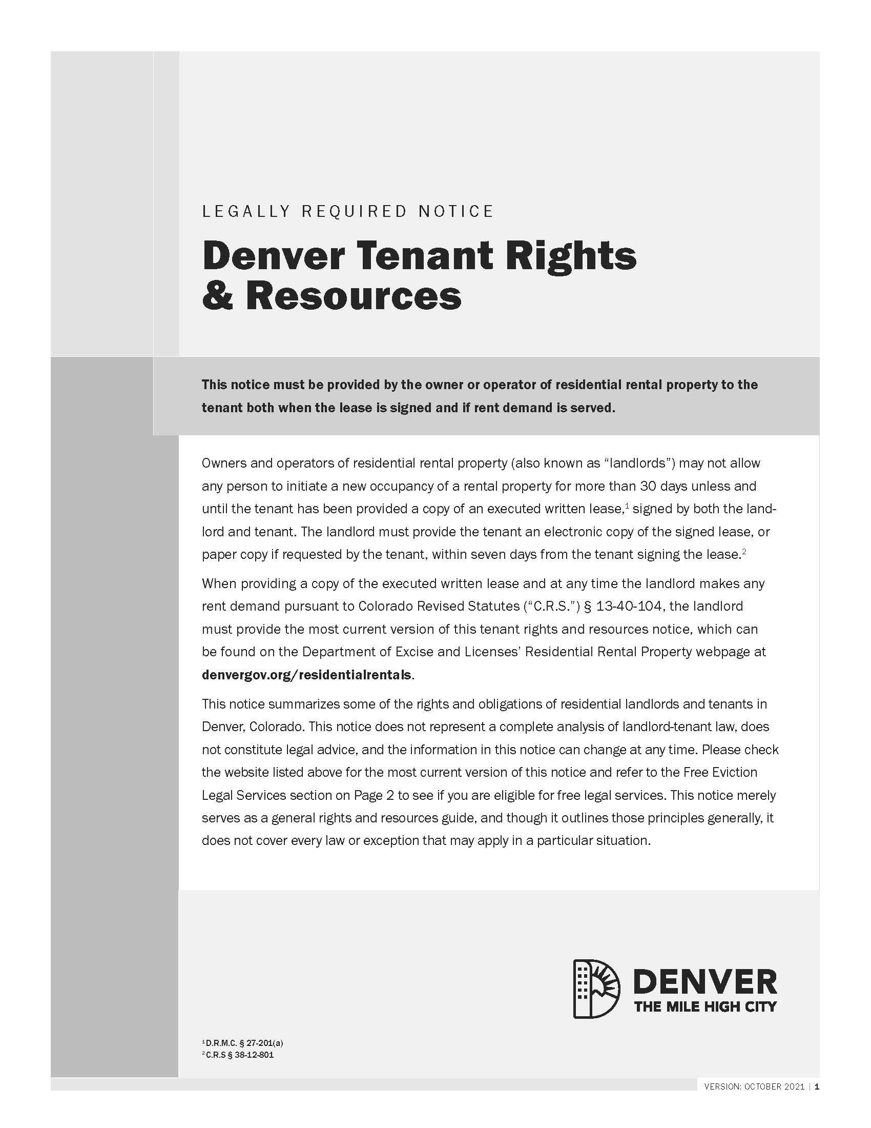 First page of the Legally Required Notice of Denver Tenant Rights
& Resources
