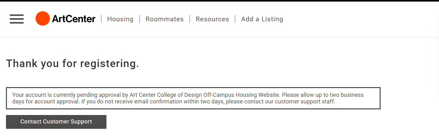 Screenshot of registration pending approval notice