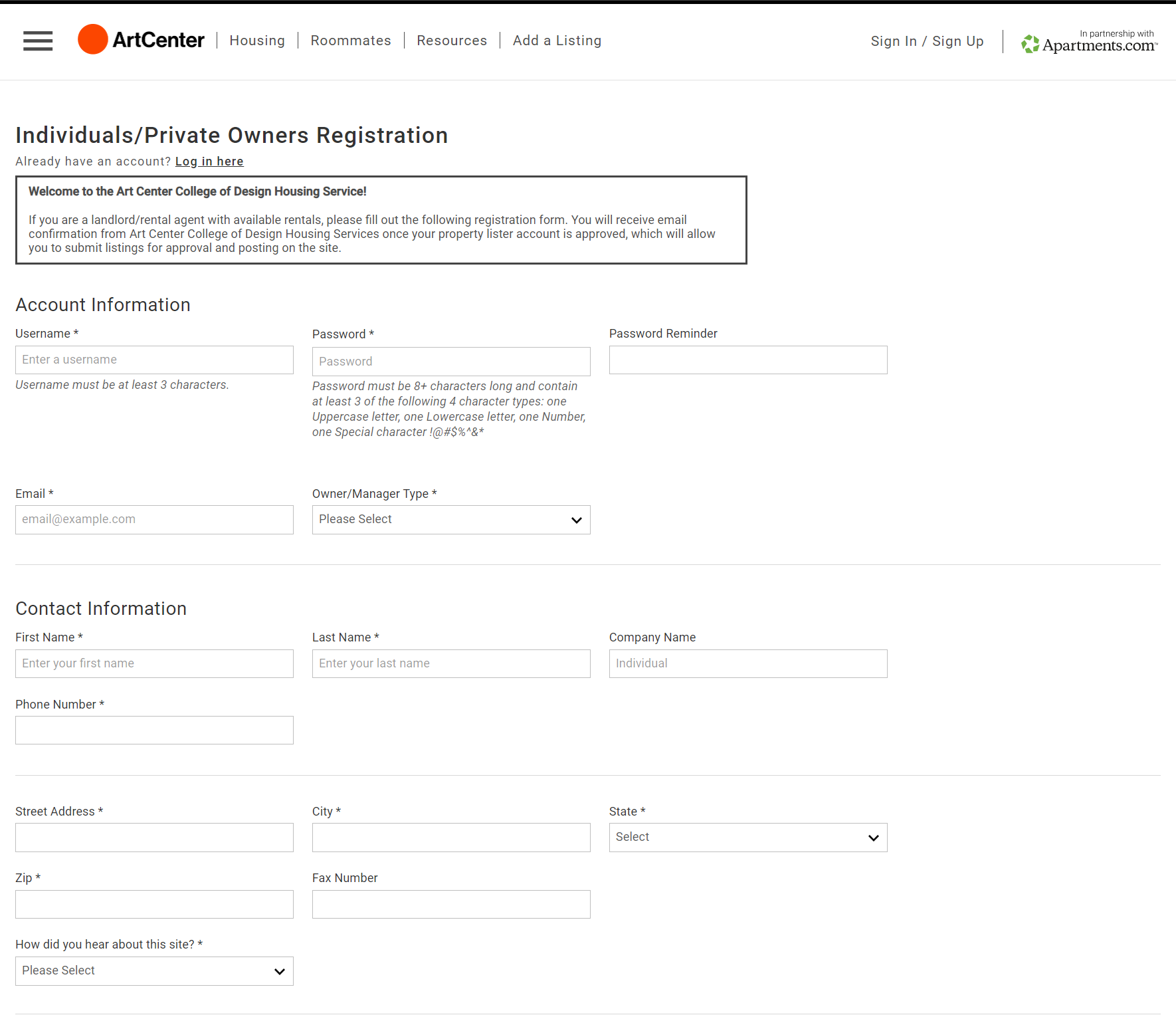 Screenshot of property owners registration form