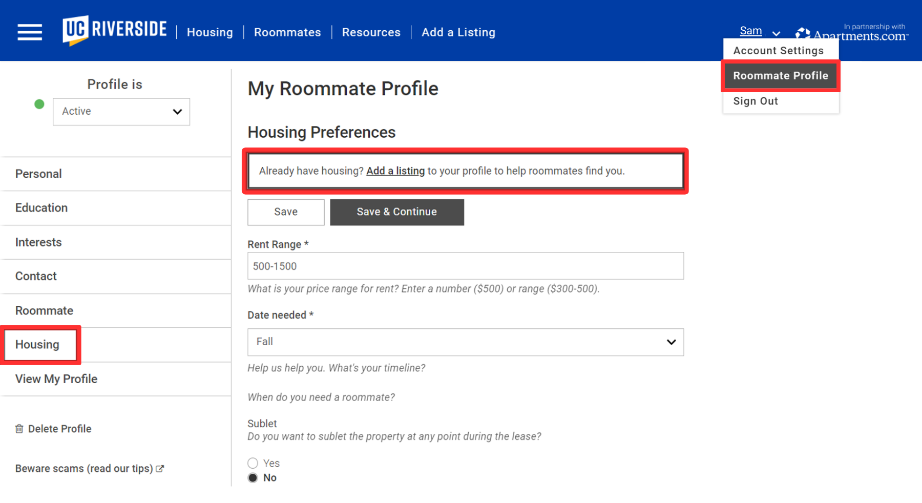 Screenshot of My Roommate Profile edit page highlighting option to add a listing under