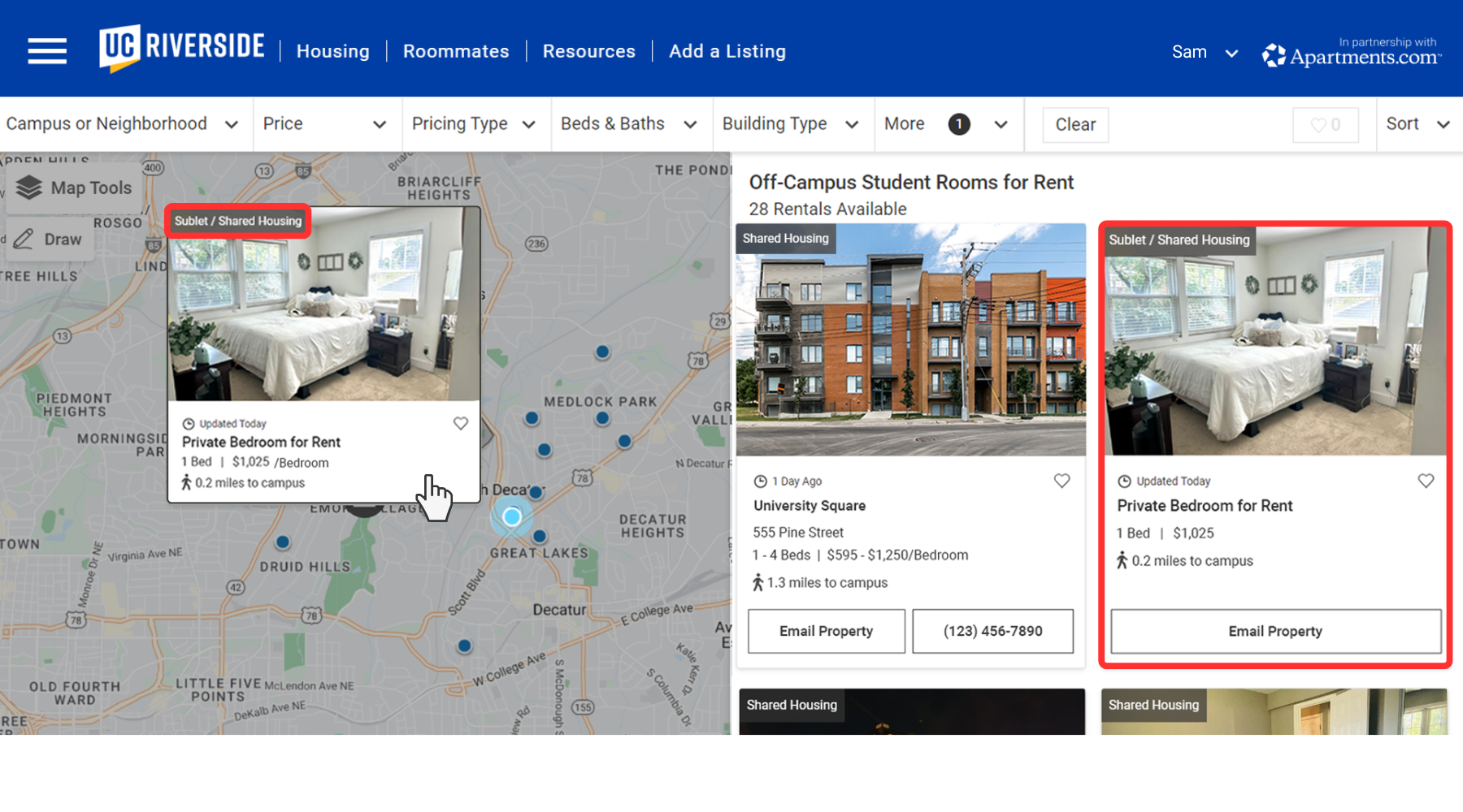 Screenshot of Housing search page, highlighting a listing labeled as