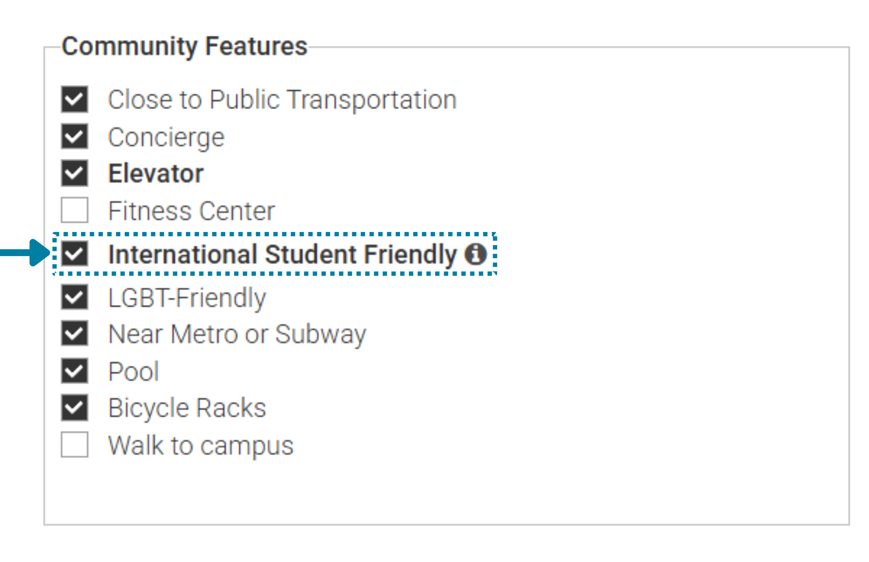 Screenshot highlighting the International Student Friendly amenity within the listing edit form.