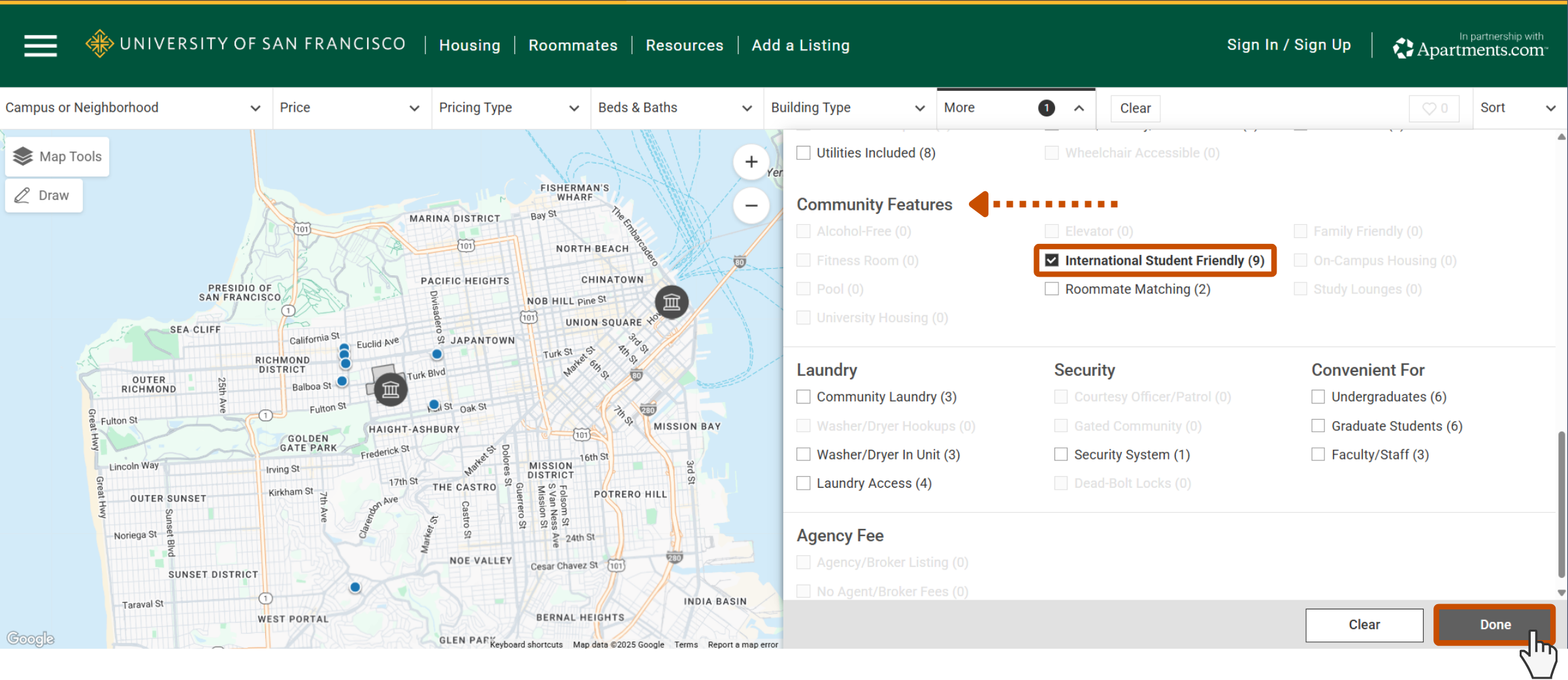 Screenshot of advanced search options under More