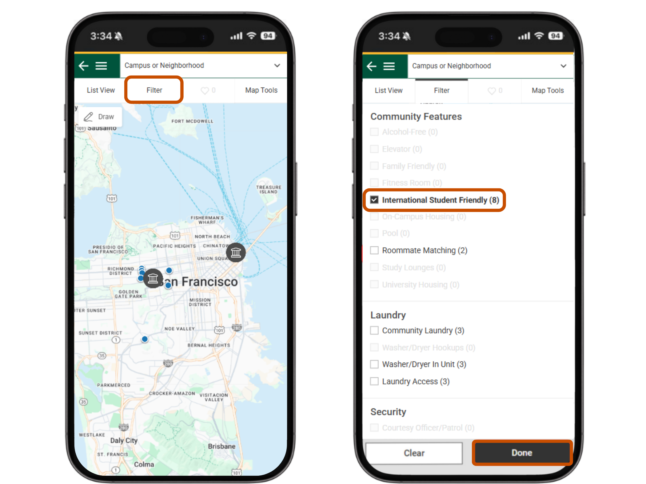 Mobile device showing advanced search options under More