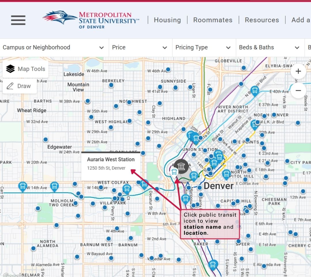 Map screenshot showing transit routes and the location of Auraria West Station.