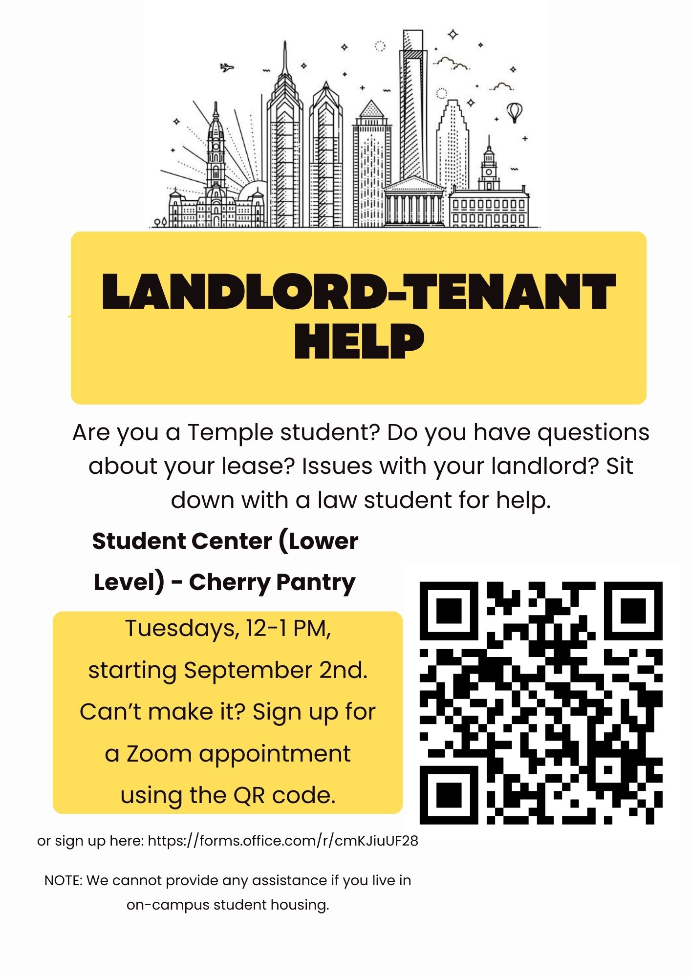Flyer for Tenant Landlord Help Tuesdays 12-1 Student Center Lower Level