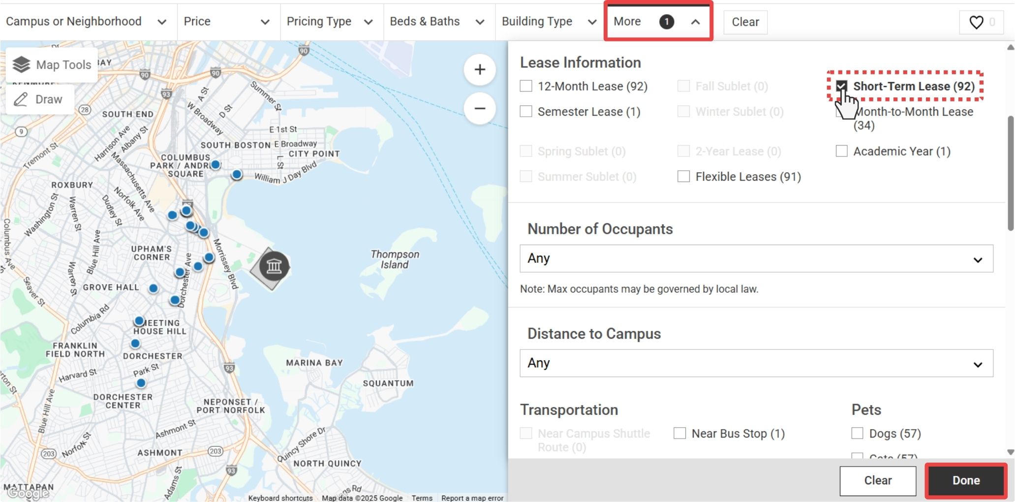 Screenshot of housing lease term filters, highlighting 'Short-Term Lease'