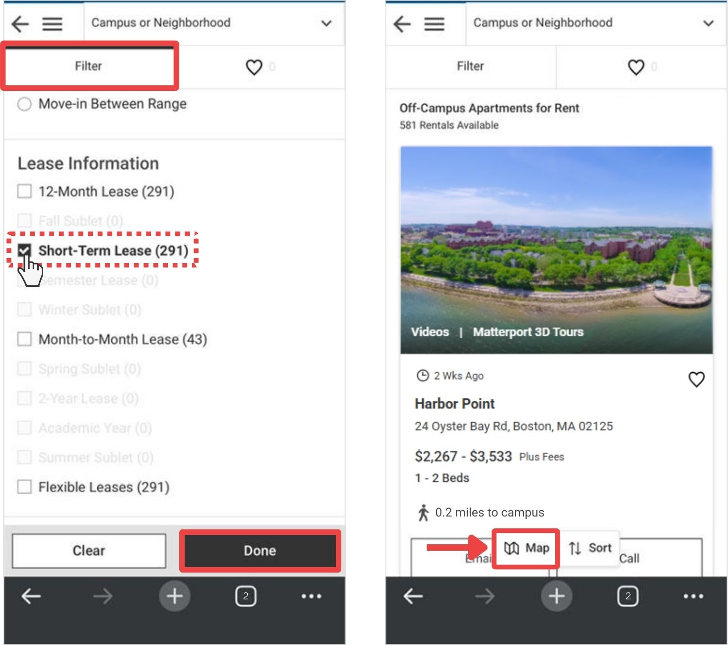 Mobile screenshots showing the ‘Short-Term Lease’ filter and the location of the ‘Map’ view toggle button.