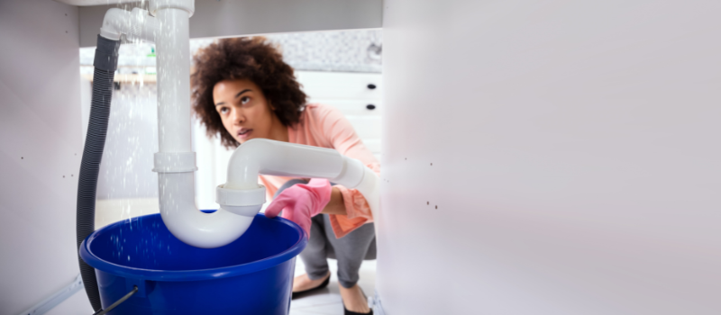 Renter using a buket to catch watker leaking from beneath a sink.