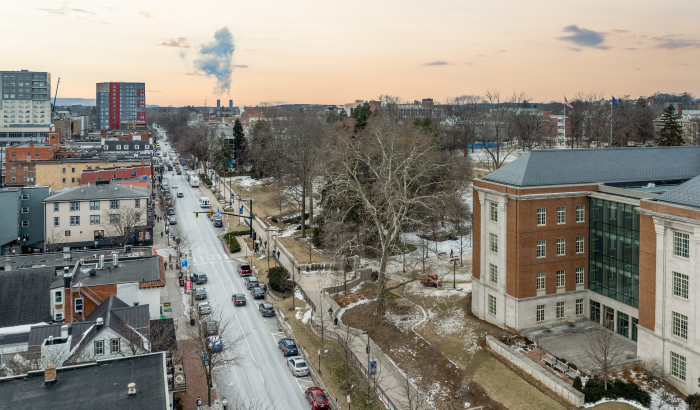 Aerial view of State College, PA at dusk in the winter.
