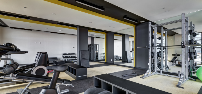 An apartment community gym full of weightlifting equipment.