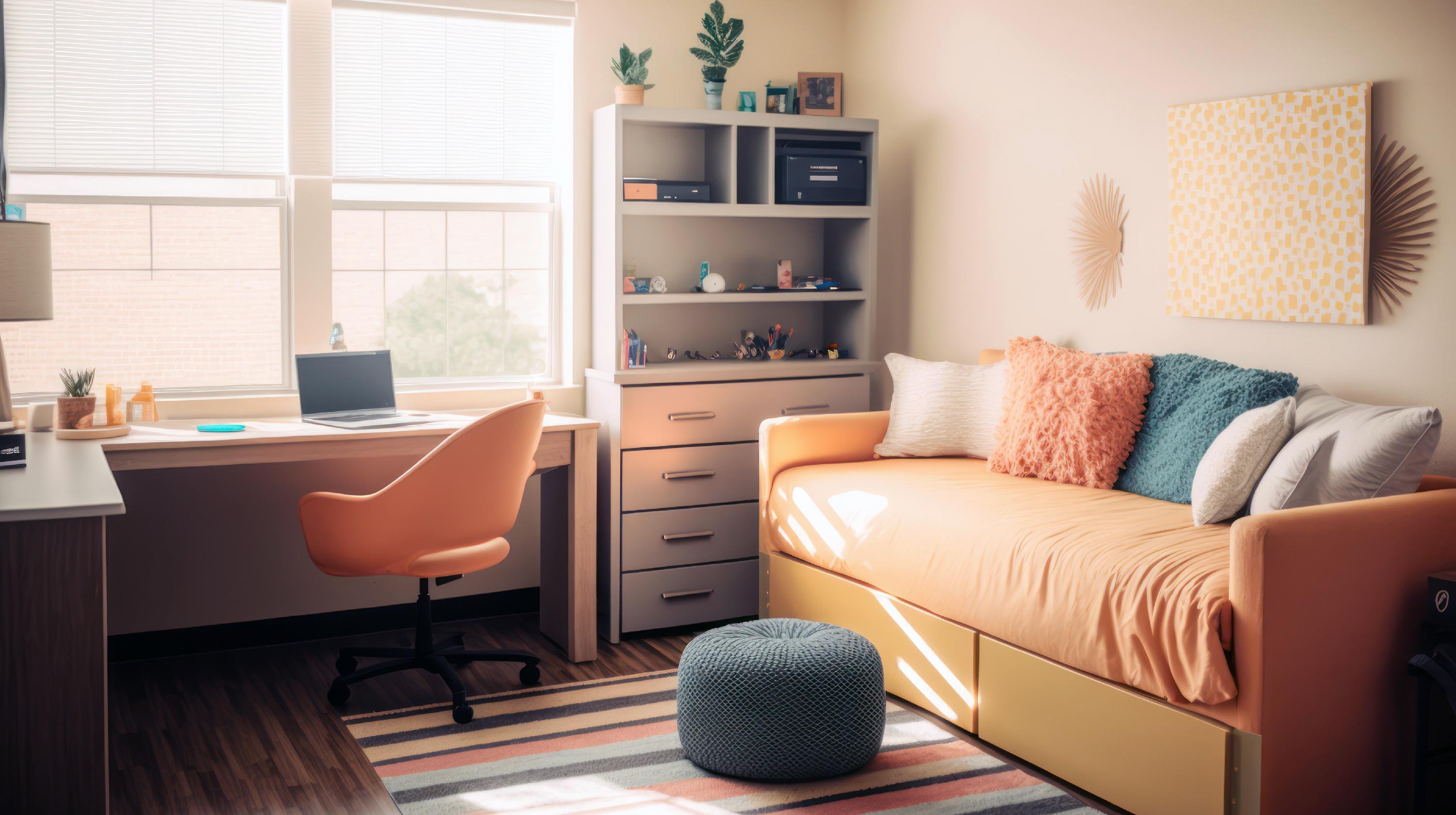 Colorfully decorated student bedroom with a desk and daybed.