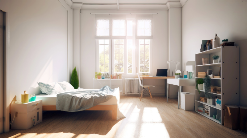 Sunlight shining through the window of a furnished apartment bedroom.