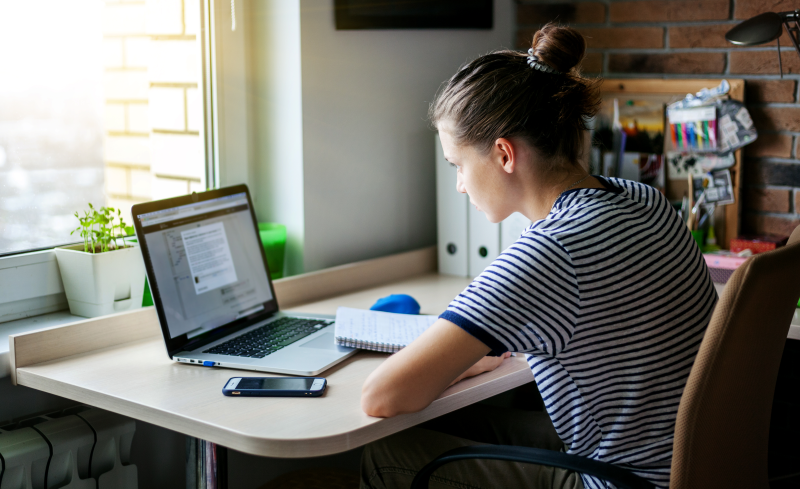 Student studying at a deesk near a window.