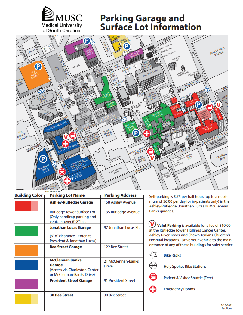 Map outlining MUSC parking garages and surface lots.