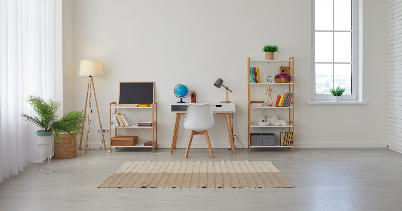 Minimalist, bright study space in an apartment.
