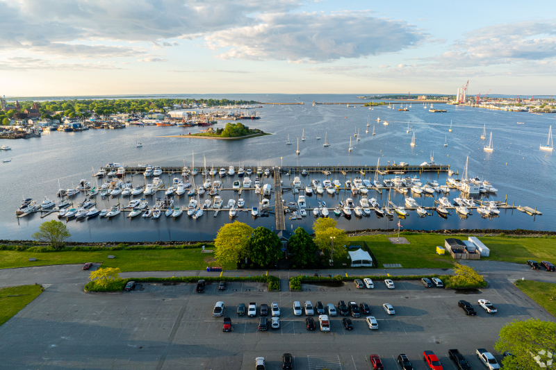 Aerial view of the bay at New Bedford full of boats.