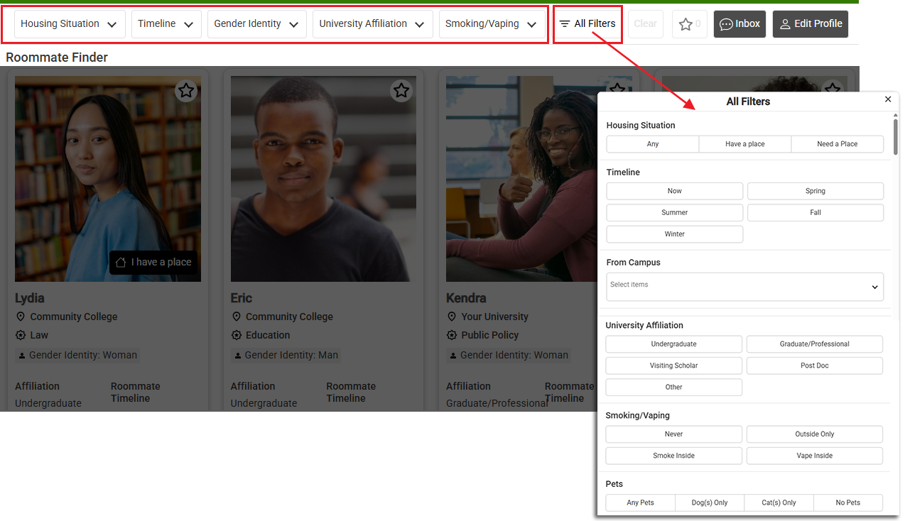 screenshot of filter options