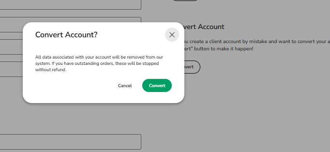TM Support/HelpScout/Screenshots/2026 Prep Walkthroughs for New Portal/Non Company CP Usage/NP Account Profile Convert Account button warning 2026.pgn
