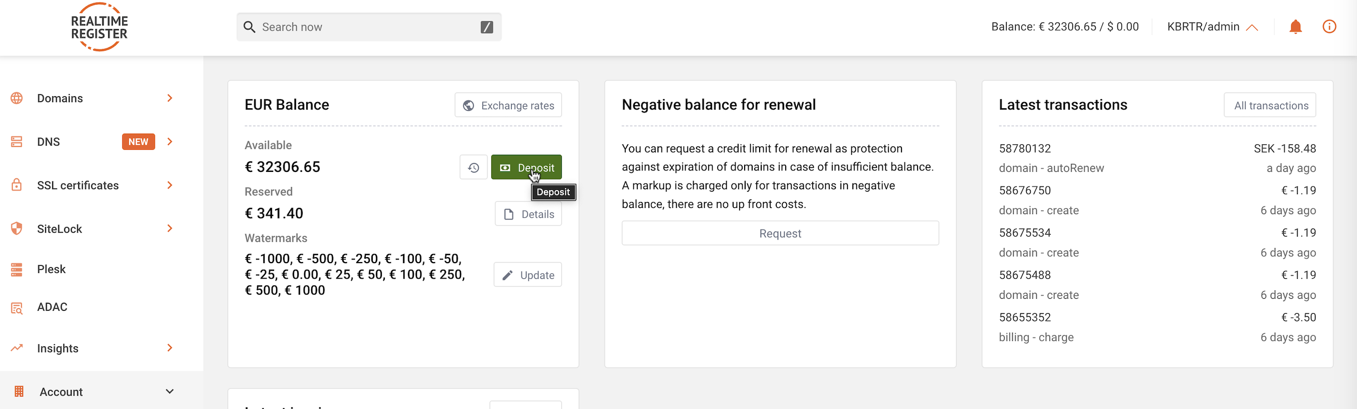Deposit button on finance overview page