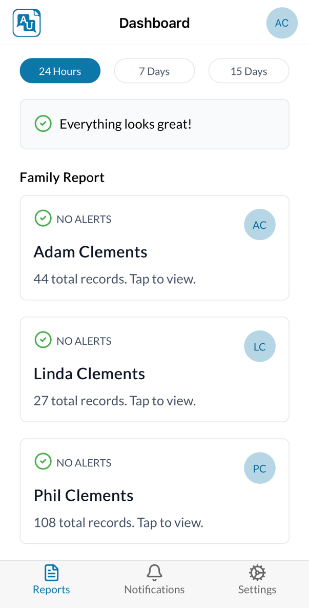 Reports page on Mobile