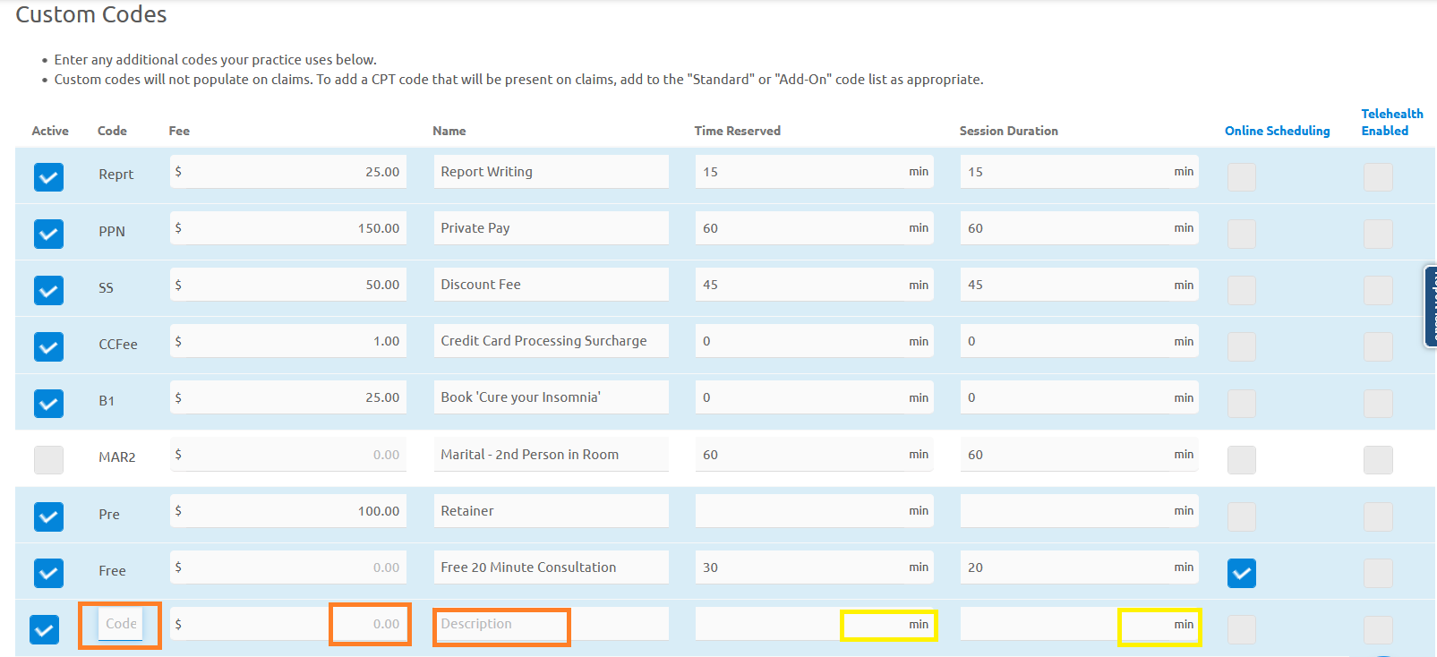 Creating Custom CPT Codes - TherapyAppointment Support Center